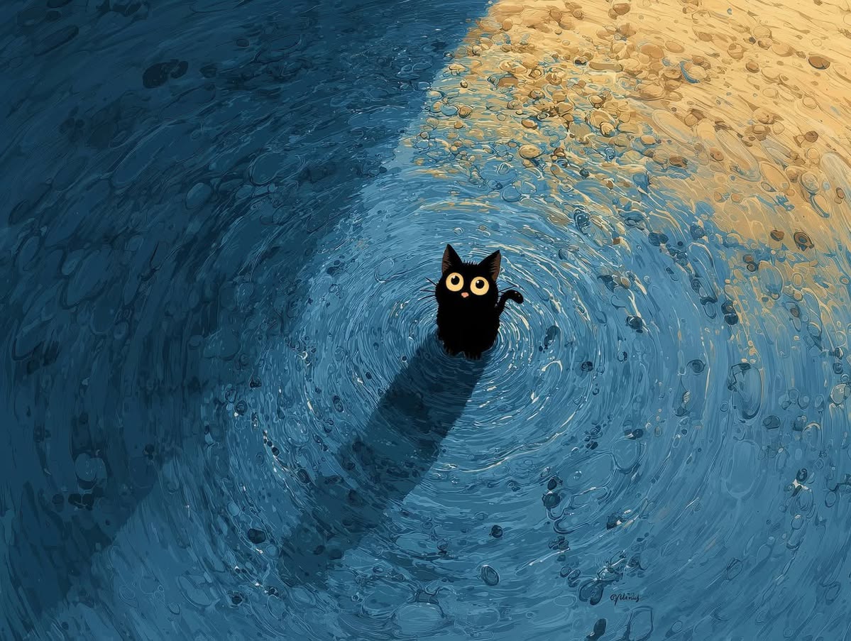 Fotograma de animación con un gato en medio de un remolino azul