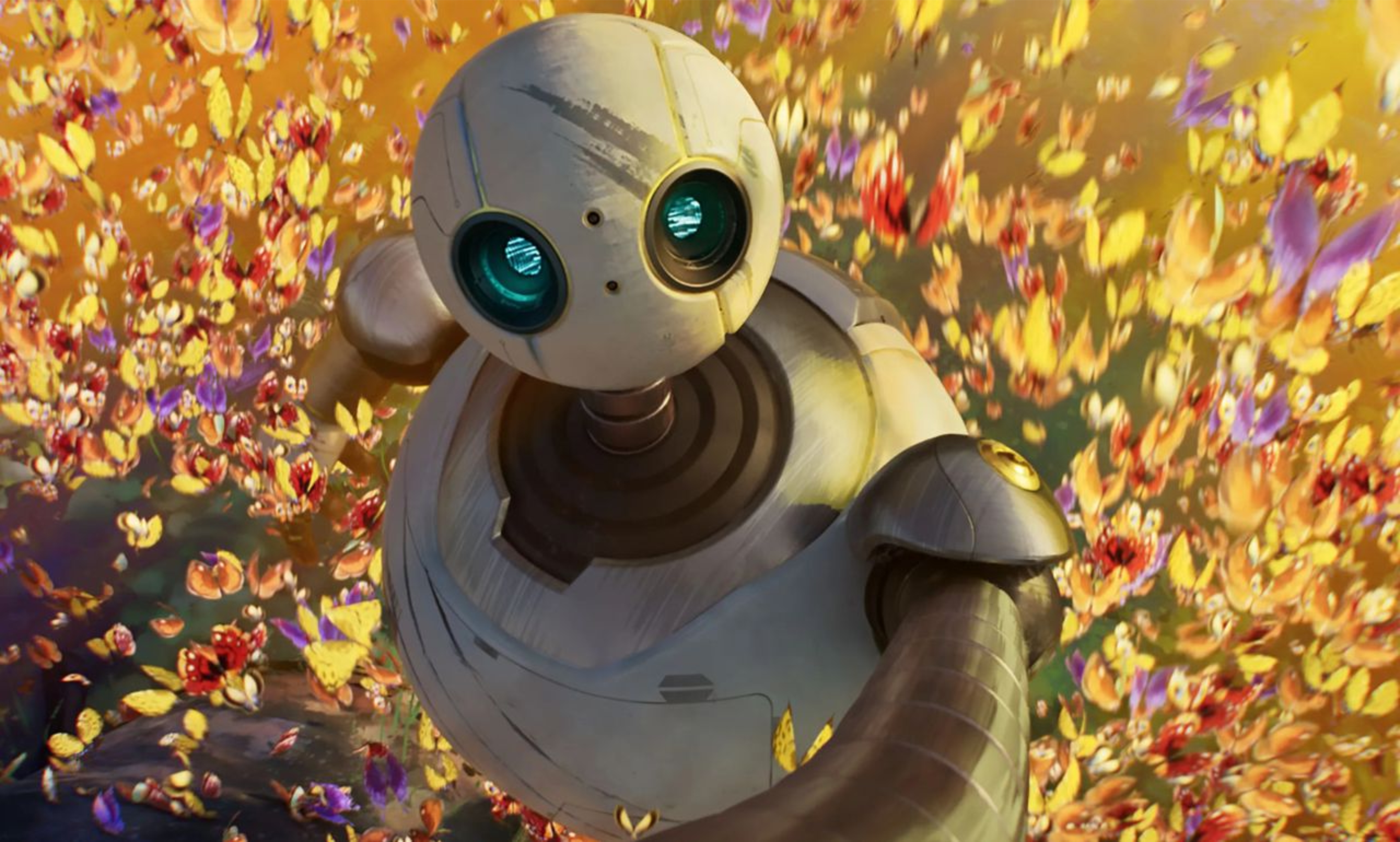 Robot animado entre flores anaranjadas